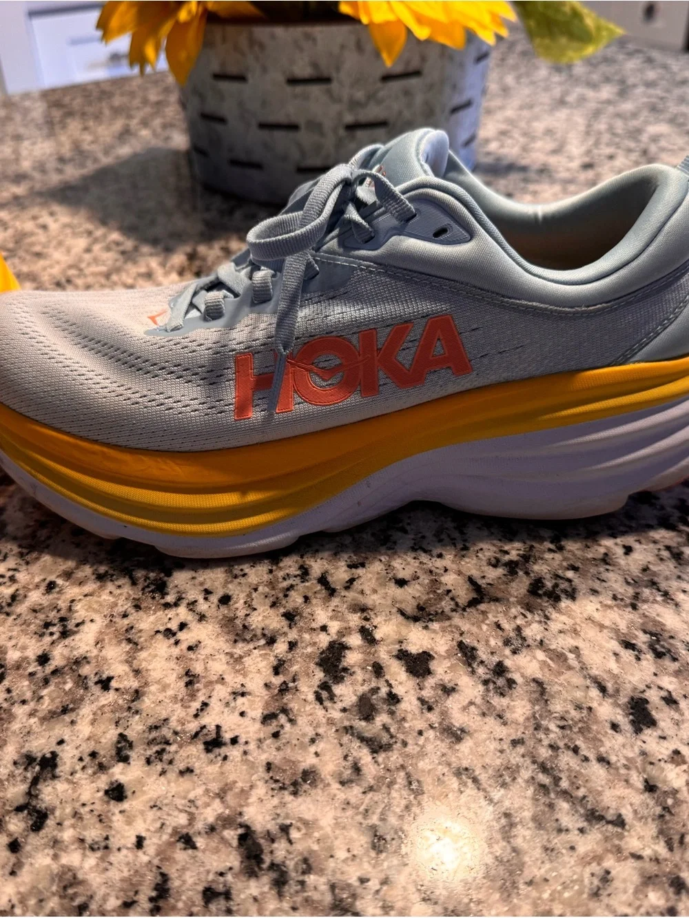Hoka Bondi 8 Women’s Light Blue Shoe with Yellow Midsole